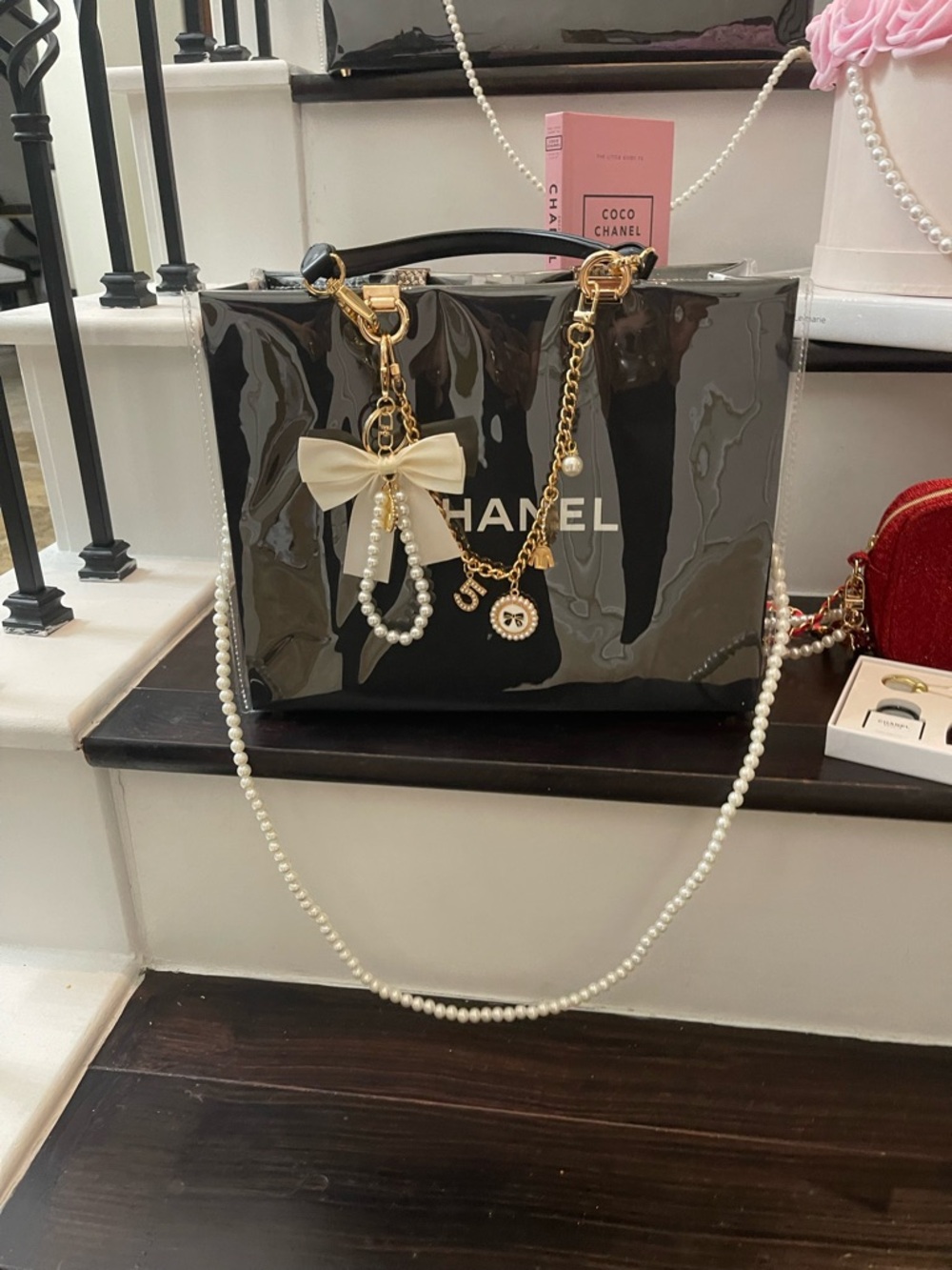 Chanel Black Medium PVC Tote with Bow and Pearl Chain